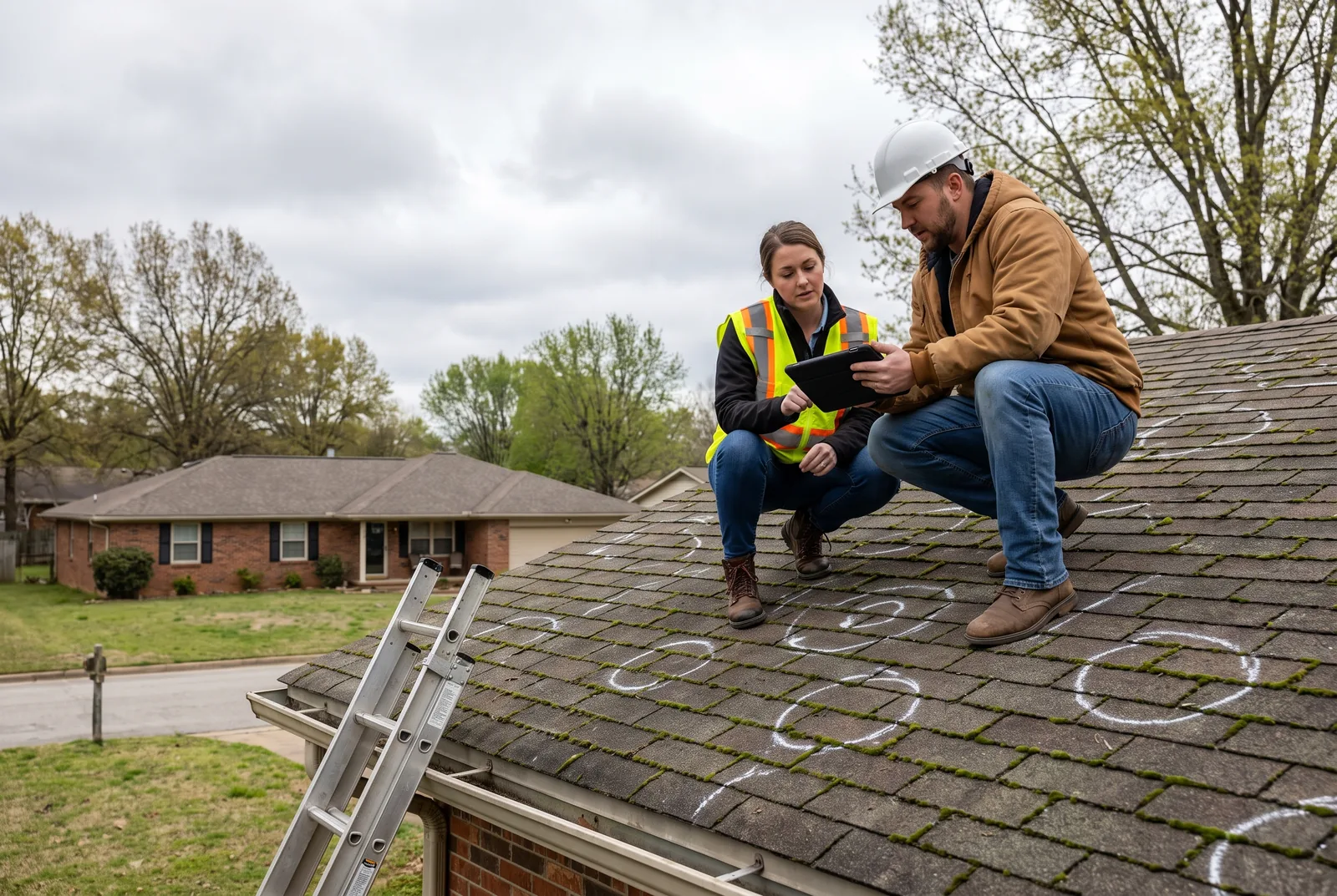 Insurance adjuster and roofing contractor reviewing hail damage photos on a tablet on a shingle roof in Northwest Arkansas