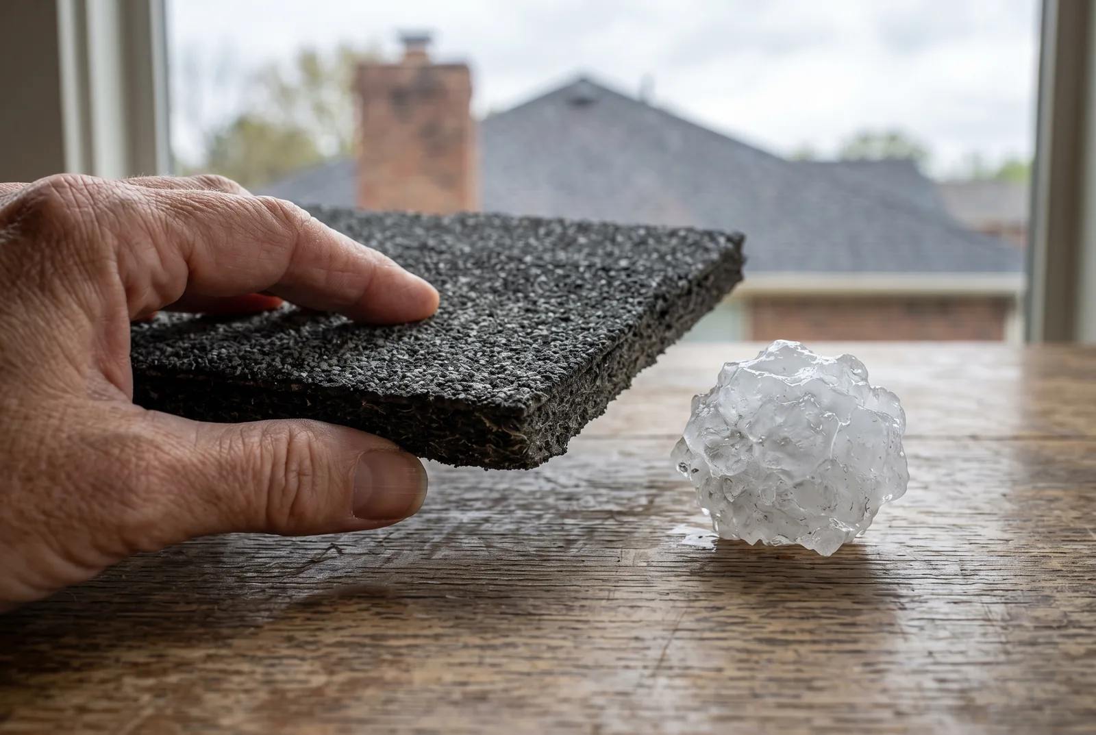 Class 4 impact-resistant shingle sample held beside a golf-ball-sized hailstone