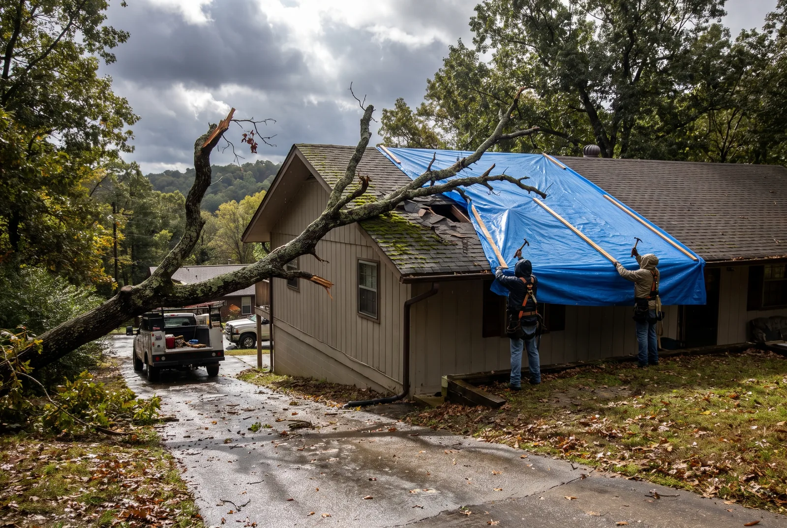 Roofers nailing an emergency tarp over storm damage with a fallen oak limb against the eave, Ozark neighborhood