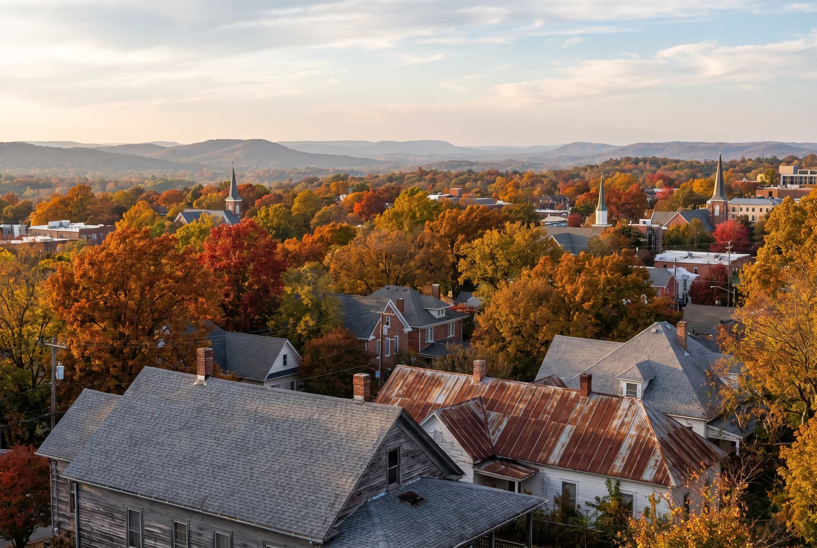 Fayetteville rooftops in autumn with church steeples and the Ozark mountains on the horizon