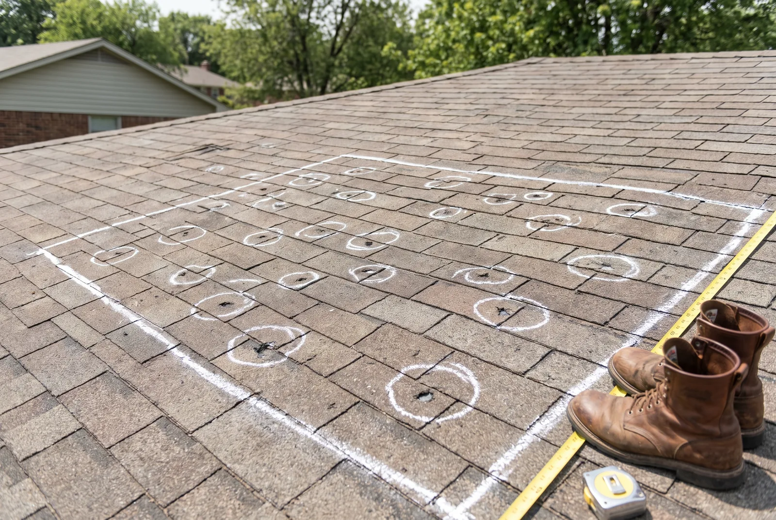 Chalk circles marking hail bruises inside a test square on an asphalt shingle roof in Northwest Arkansas
