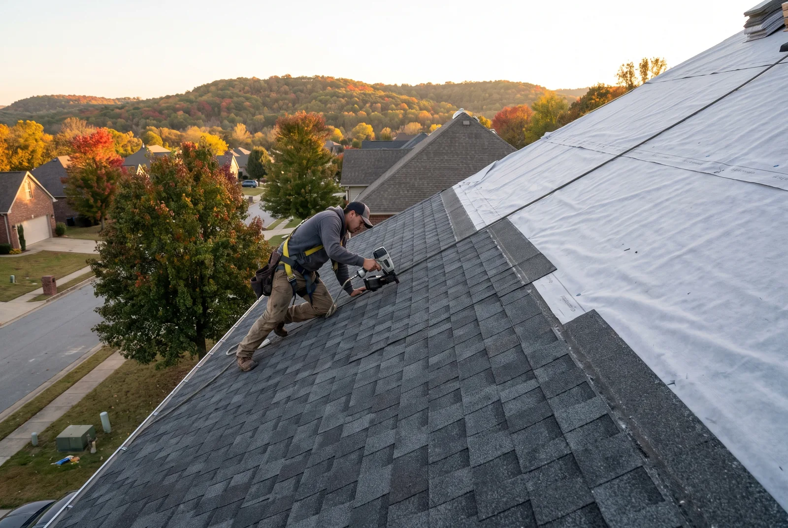 New charcoal architectural shingles going on a two-story home with the Ozark ridgeline behind, Fayetteville subdivision