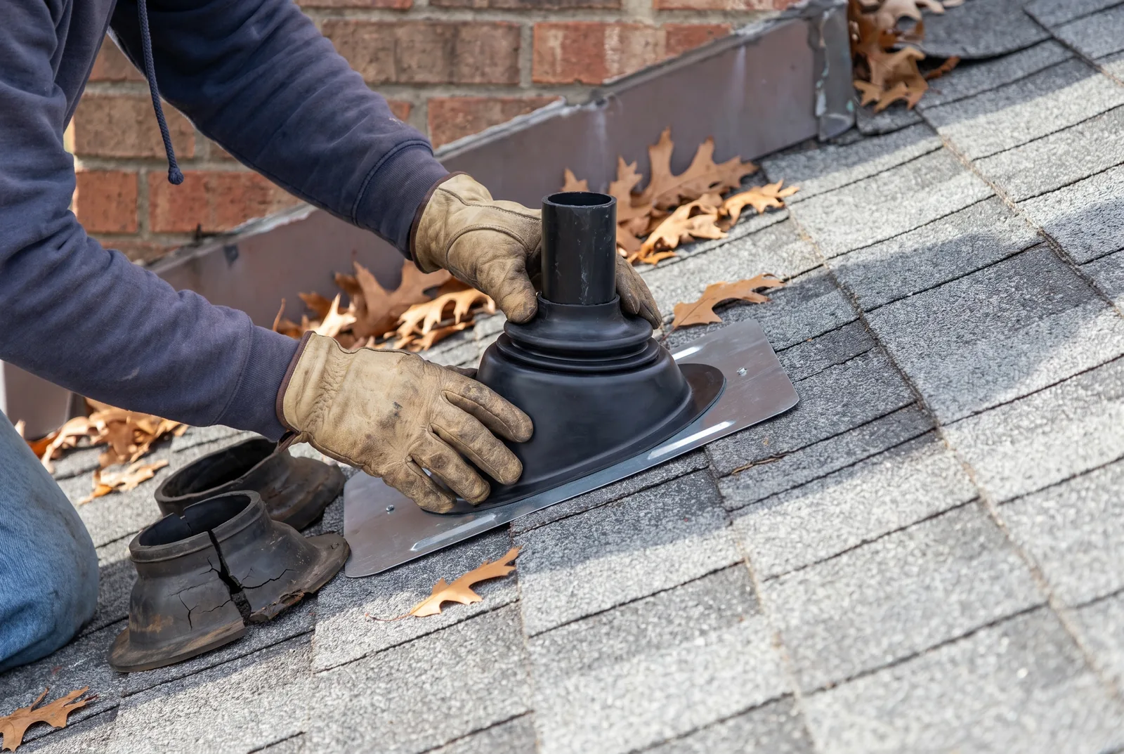Roofer replacing a cracked pipe boot and step flashing on a gray architectural shingle roof in Arkansas
