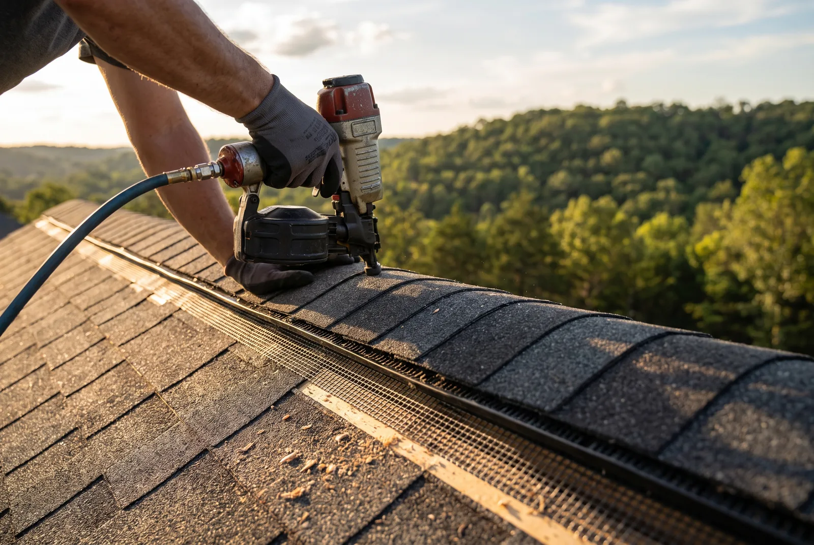Ridge vent being installed along the peak of a shingle roof with a wooded Ozark hillside beyond