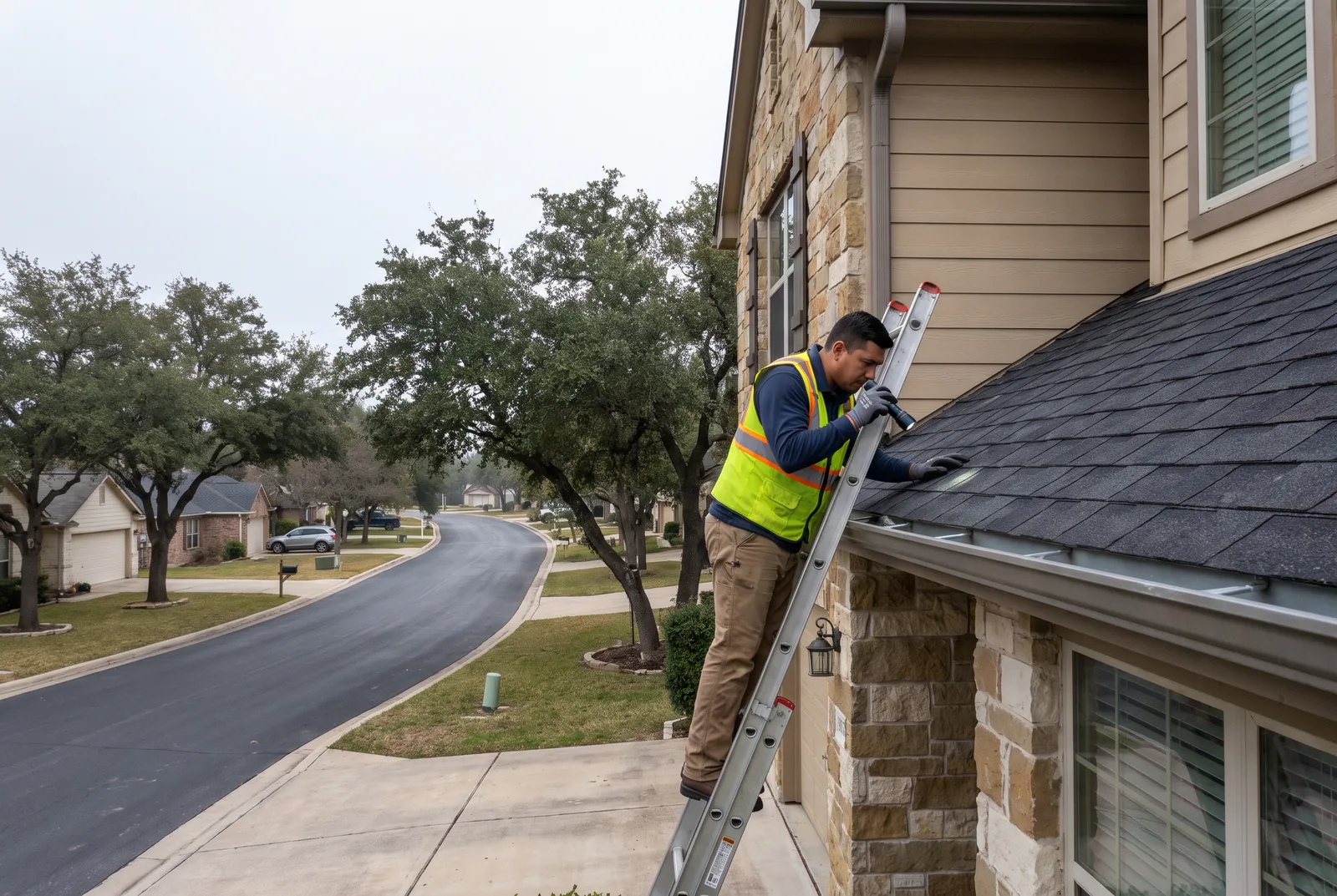 Roof inspector on a ladder checking shingle edges with a flashlight on a stone-and-siding Arkansas home