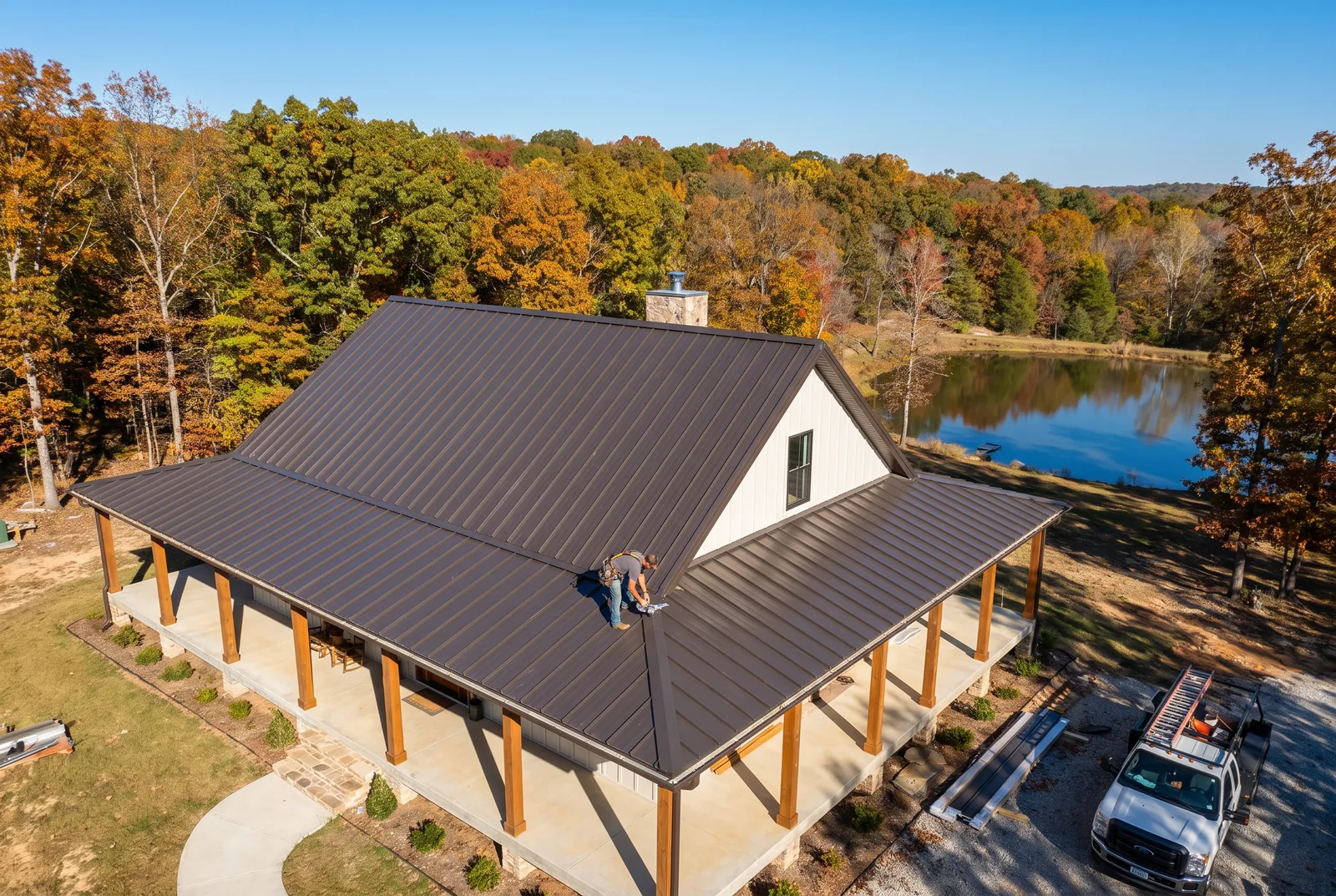 Dark bronze standing-seam metal roof on a modern farmhouse on Ozark acreage near Fayetteville