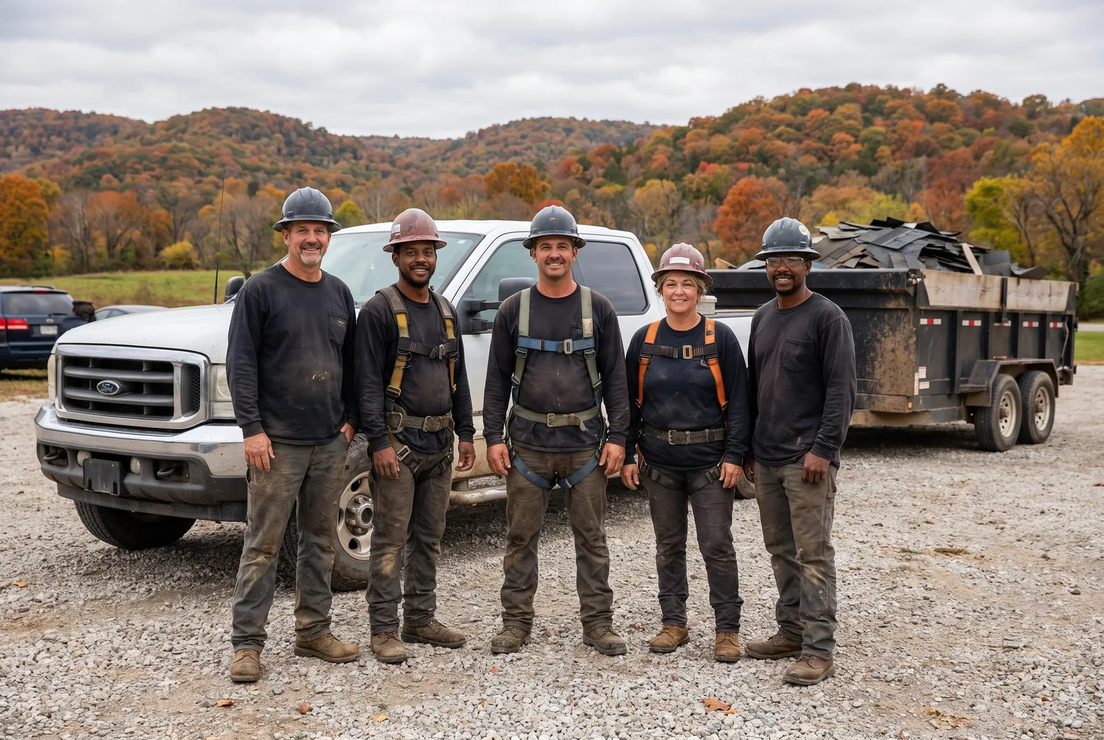 The Fayetteville Roof Pros crew in front of their pickup and shingle trailer with Ozark hills behind